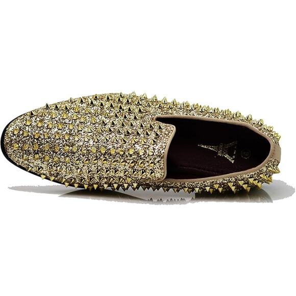 SPK70 Mens Size 12 Shiny Gold Spike Glitter Slip On Tuxedo Loafer Dress  Shoes